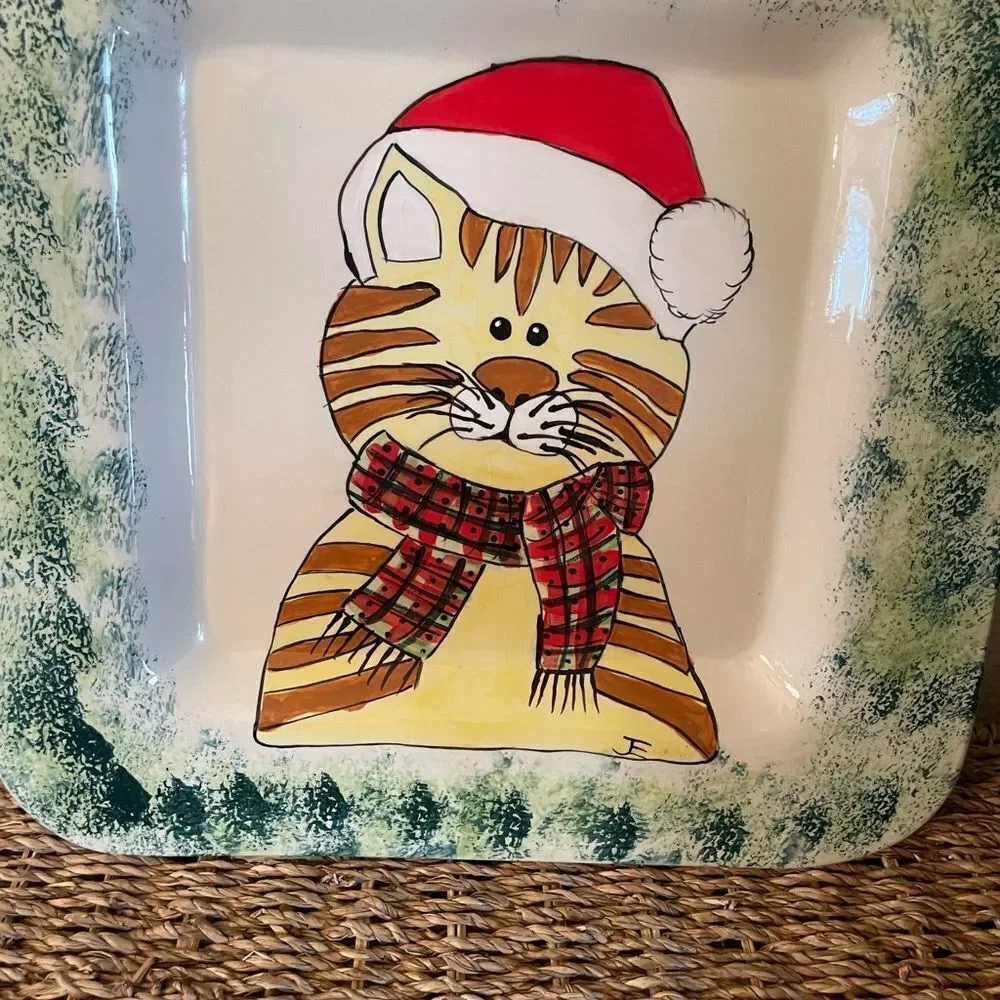 Ceramic Large Vintage Orange Cat Santa Serving Platter 13x13!